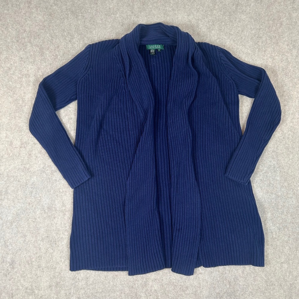 Lauren Ralph Lauren Cardigan Women XS Navy Blue Ribbed Knit ‎ Open Front